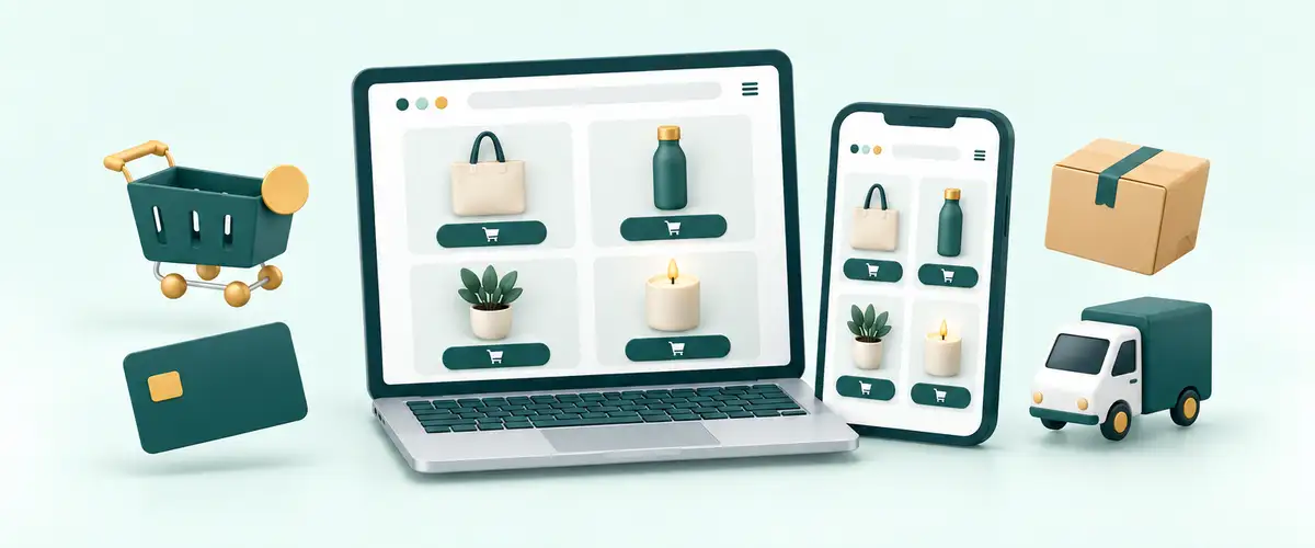 Illustration of an online store on a laptop and phone with cart, payment and delivery icons